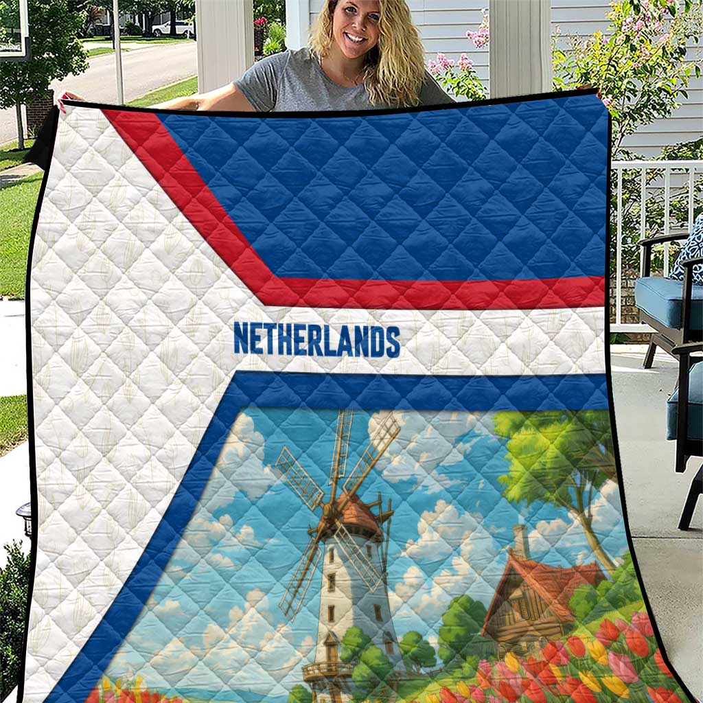 Netherlands Quilt Dutch Windmill and Tulip Field Landscape in National Flag Colors - Wonder Print Shop