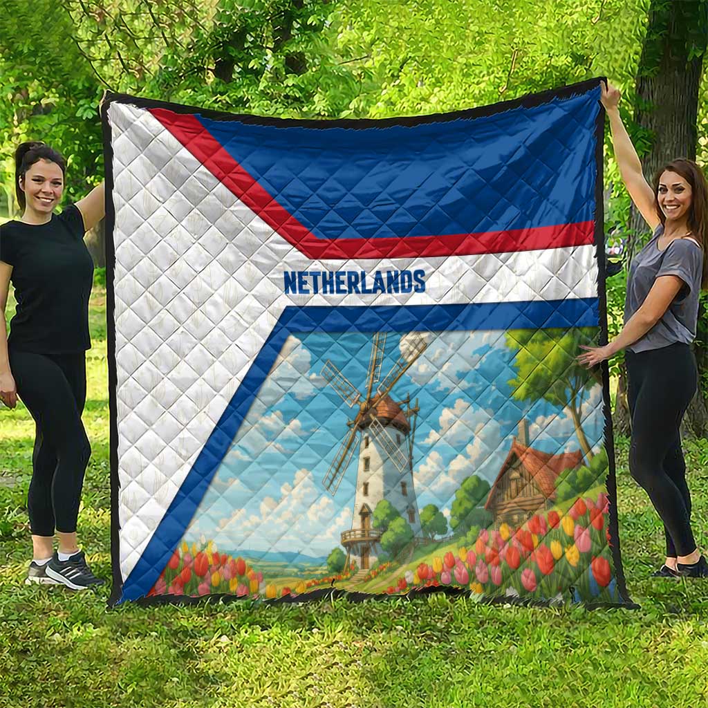 Netherlands Quilt Dutch Windmill and Tulip Field Landscape in National Flag Colors - Wonder Print Shop