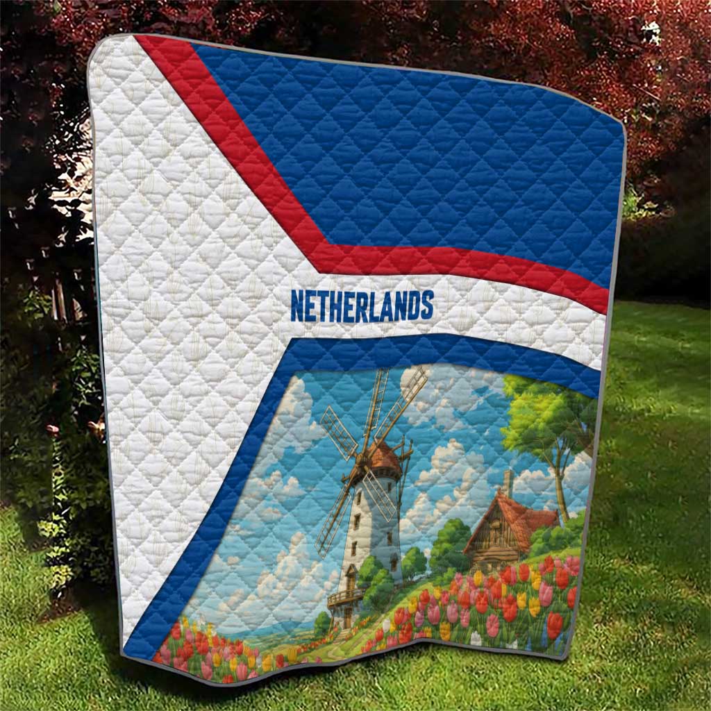 Netherlands Quilt Dutch Windmill and Tulip Field Landscape in National Flag Colors - Wonder Print Shop