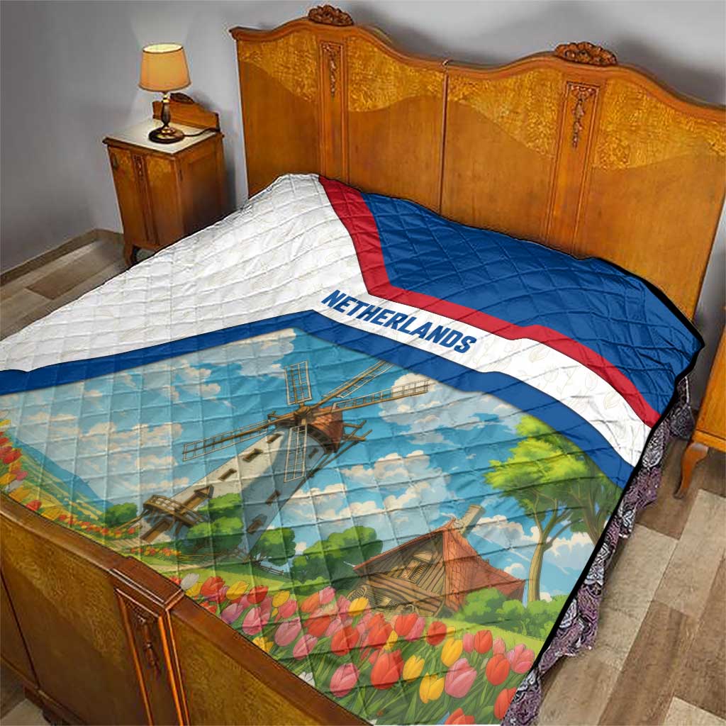 Netherlands Quilt Dutch Windmill and Tulip Field Landscape in National Flag Colors - Wonder Print Shop