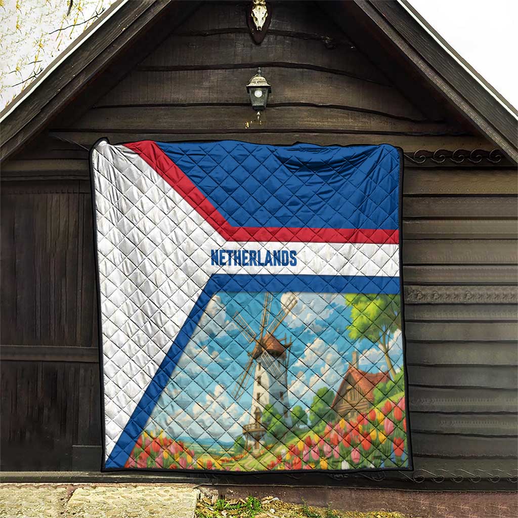 Netherlands Quilt Dutch Windmill and Tulip Field Landscape in National Flag Colors - Wonder Print Shop