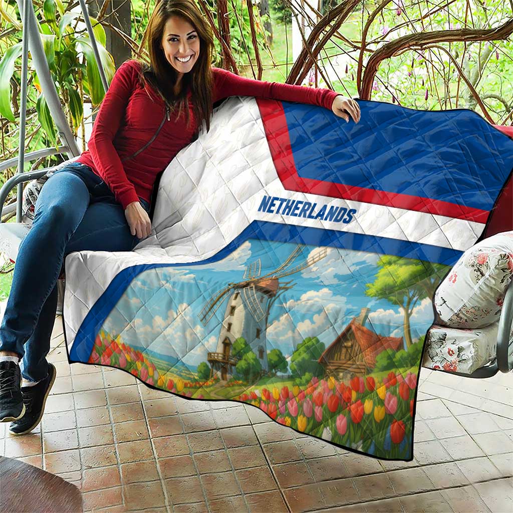 Netherlands Quilt Dutch Windmill and Tulip Field Landscape in National Flag Colors - Wonder Print Shop