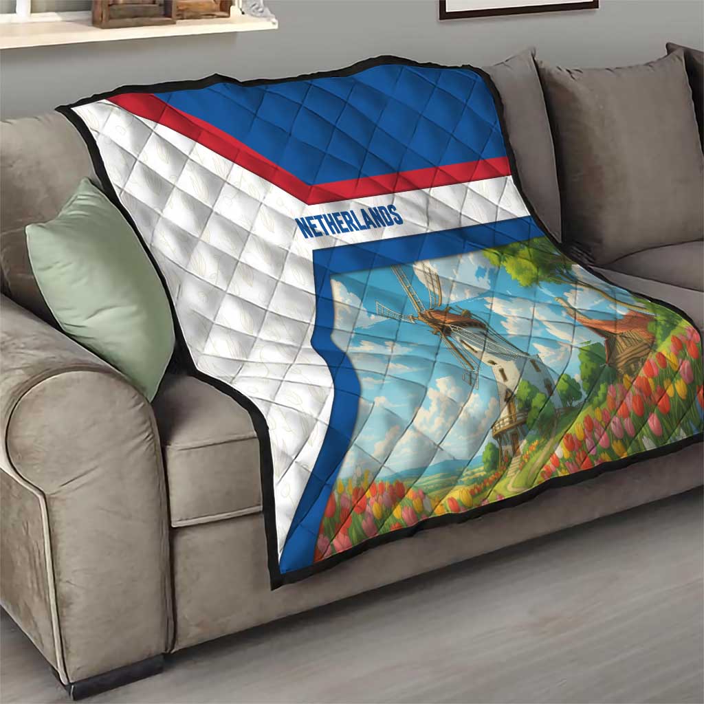 Netherlands Quilt Dutch Windmill and Tulip Field Landscape in National Flag Colors - Wonder Print Shop