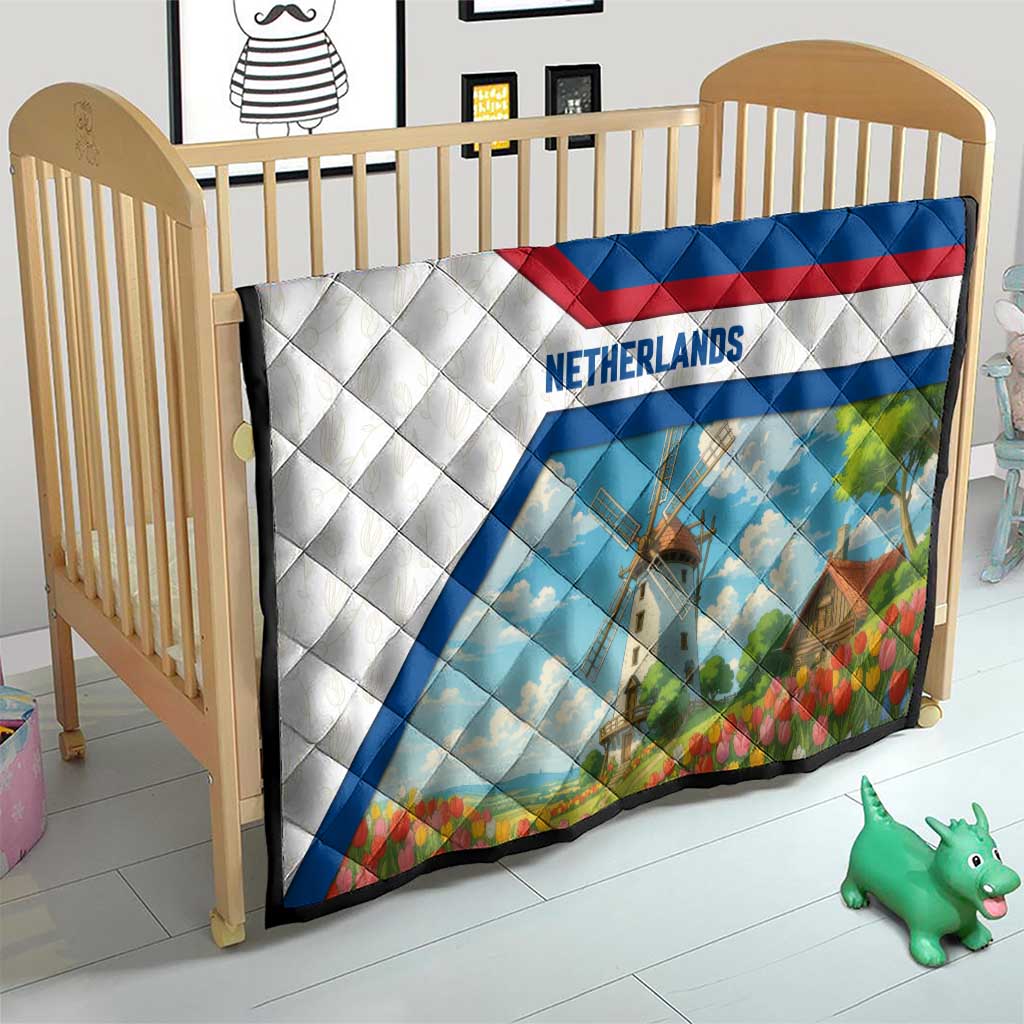 Netherlands Quilt Dutch Windmill and Tulip Field Landscape in National Flag Colors - Wonder Print Shop