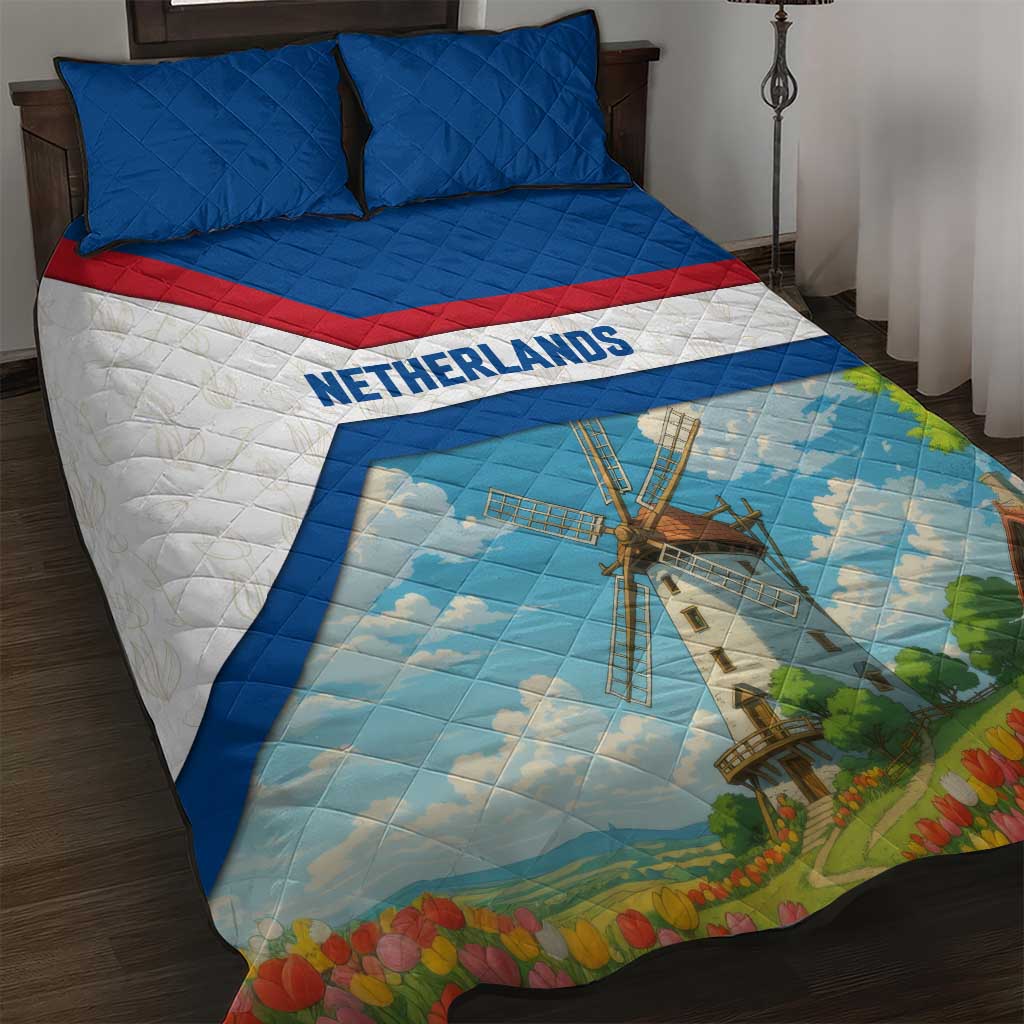 Netherlands Quilt Bed Set Dutch Windmill and Tulip Field Landscape in National Flag Colors - Wonder Print Shop
