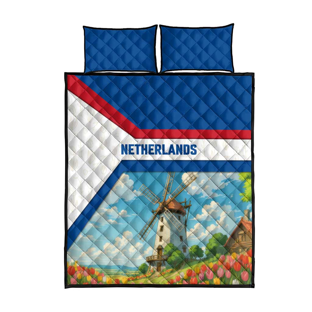 Netherlands Quilt Bed Set Dutch Windmill and Tulip Field Landscape in National Flag Colors - Wonder Print Shop