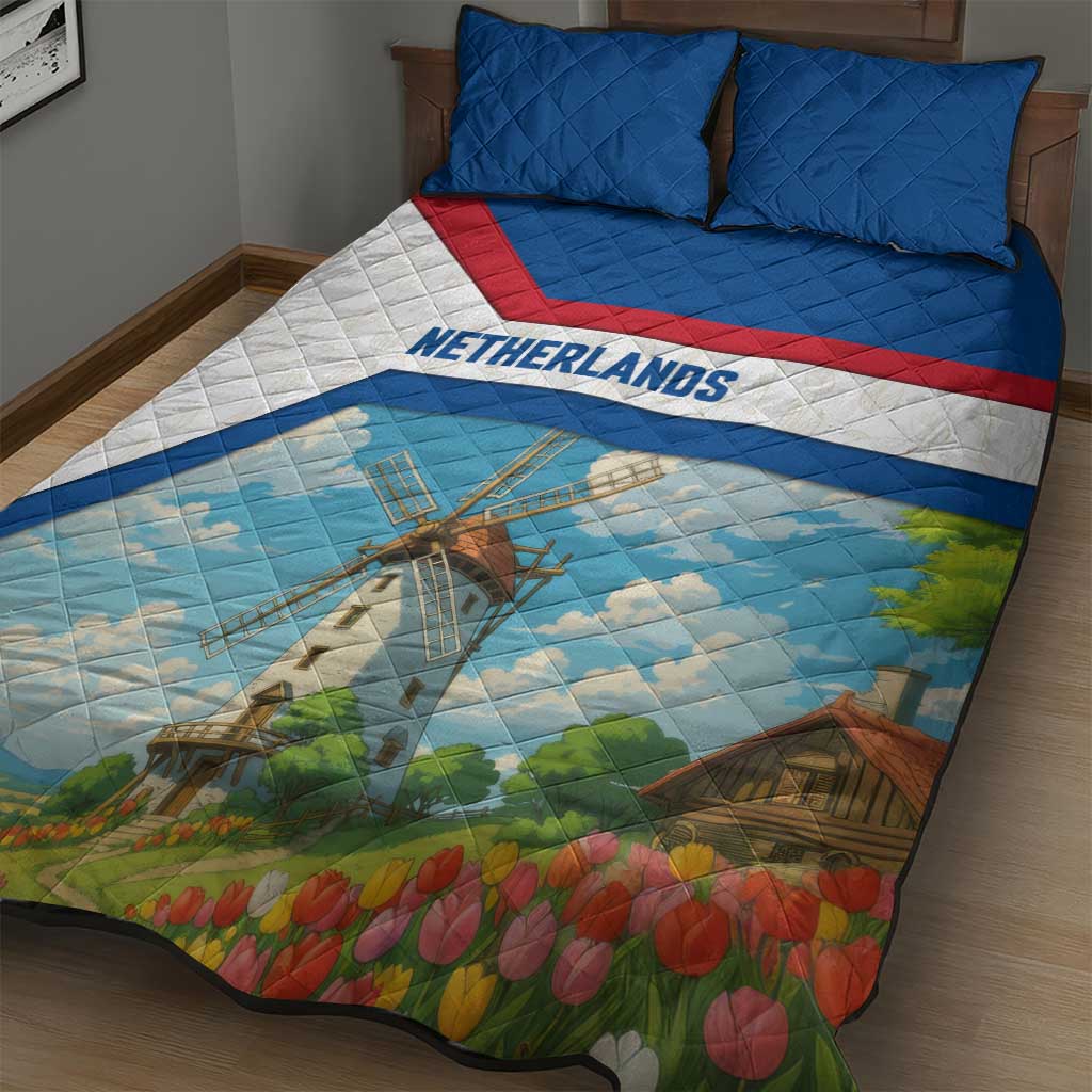 Netherlands Quilt Bed Set Dutch Windmill and Tulip Field Landscape in National Flag Colors - Wonder Print Shop