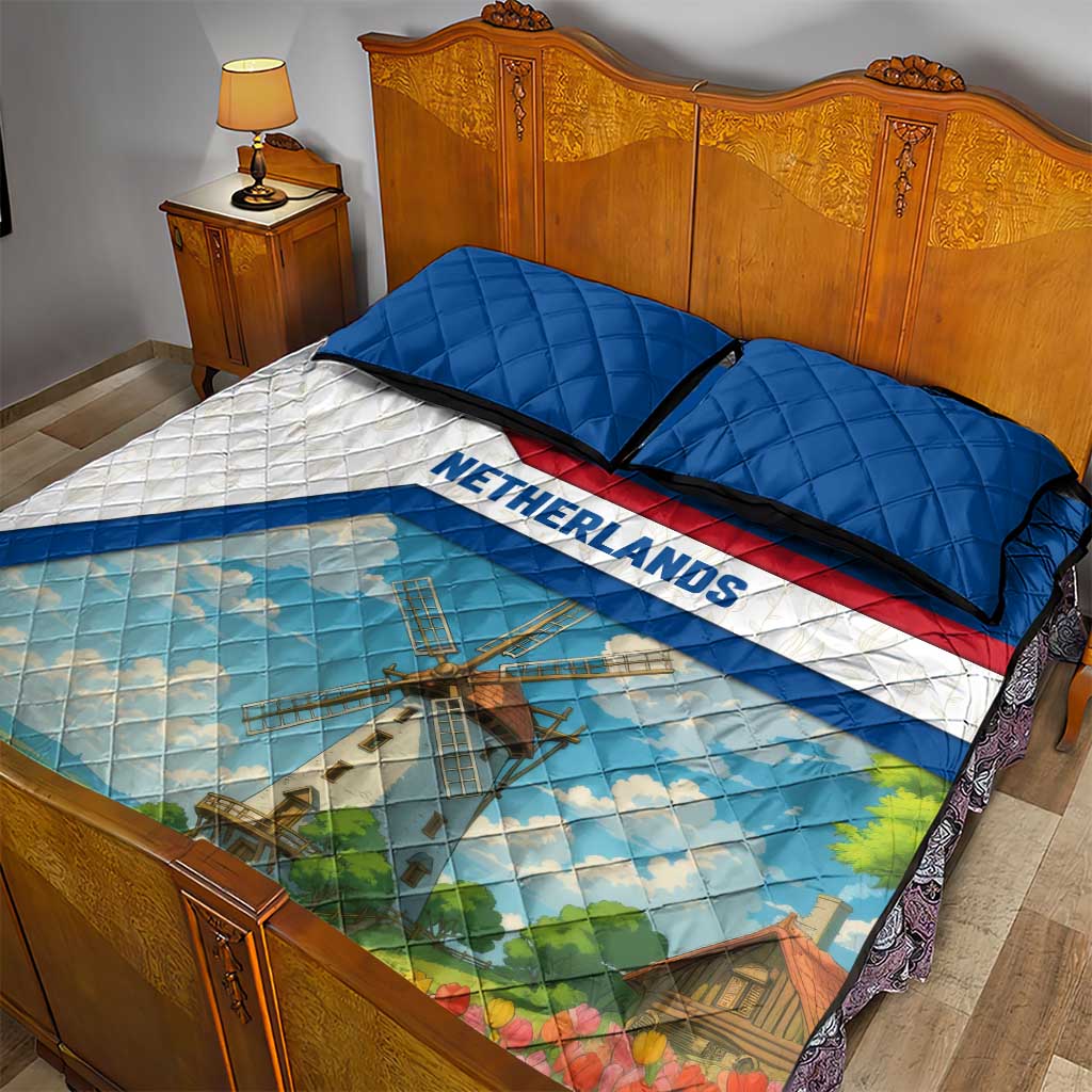 Netherlands Quilt Bed Set Dutch Windmill and Tulip Field Landscape in National Flag Colors - Wonder Print Shop
