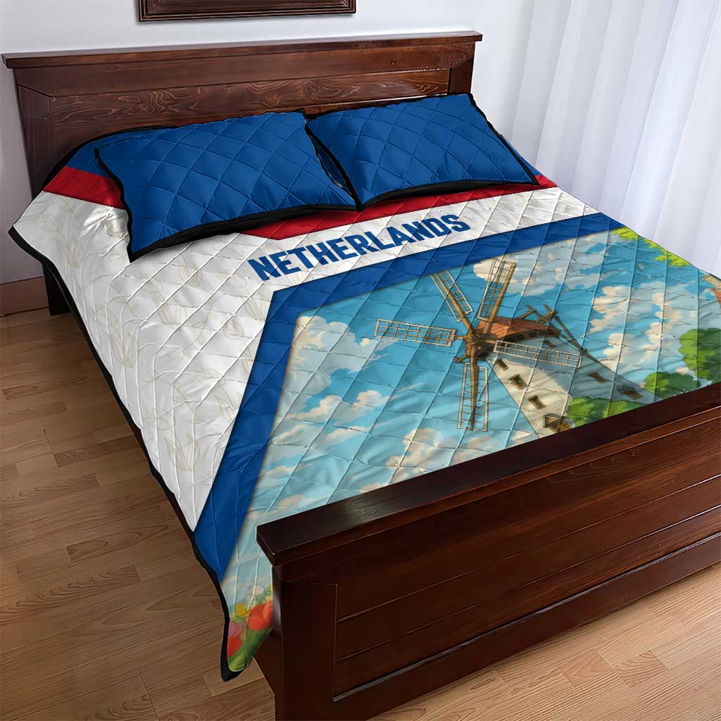 Netherlands Quilt Bed Set Dutch Windmill and Tulip Field Landscape in National Flag Colors - Wonder Print Shop