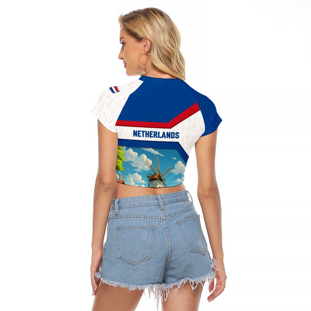 Netherlands Raglan Cropped T Shirt Dutch Windmill and Tulip Field Landscape in National Flag Colors - Wonder Print Shop