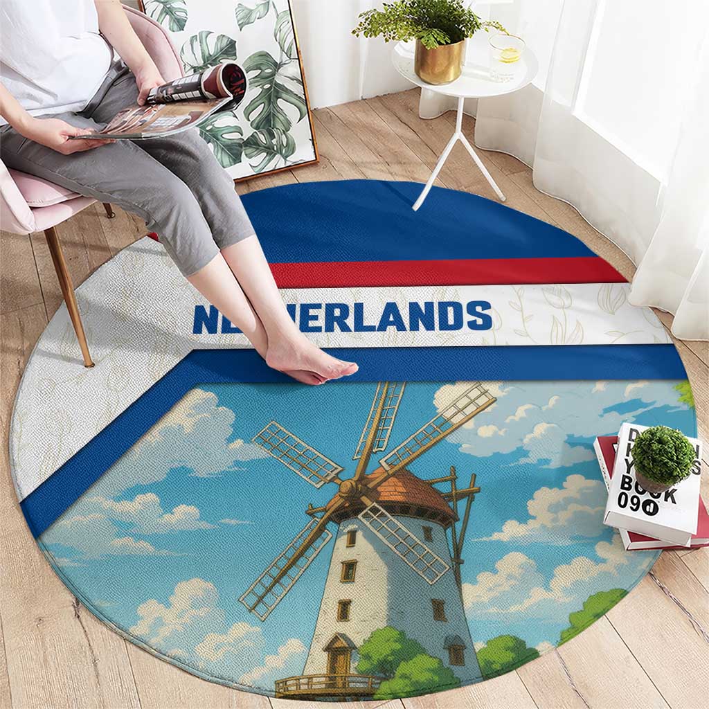 Netherlands Round Carpet Dutch Windmill and Tulip Field Landscape in National Flag Colors - Wonder Print Shop