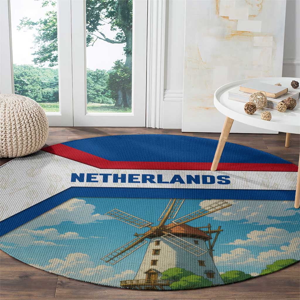 Netherlands Round Carpet Dutch Windmill and Tulip Field Landscape in National Flag Colors - Wonder Print Shop