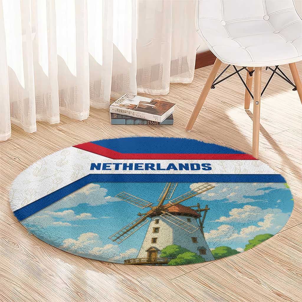 Netherlands Round Carpet Dutch Windmill and Tulip Field Landscape in National Flag Colors - Wonder Print Shop