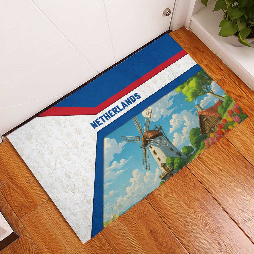 Netherlands Rubber Doormat Dutch Windmill and Tulip Field Landscape in National Flag Colors - Wonder Print Shop