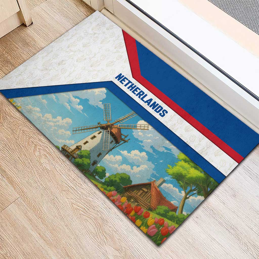 Netherlands Rubber Doormat Dutch Windmill and Tulip Field Landscape in National Flag Colors - Wonder Print Shop