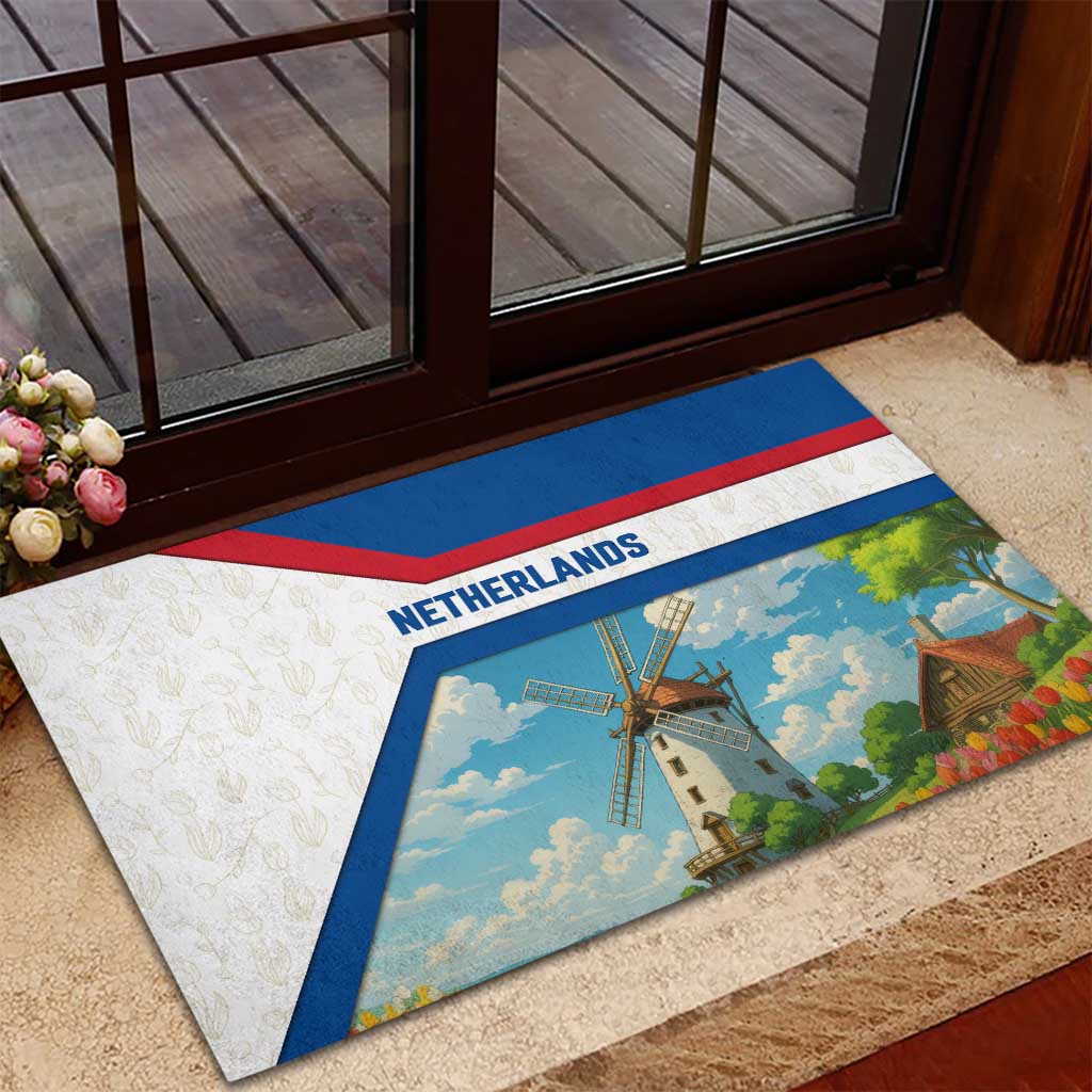 Netherlands Rubber Doormat Dutch Windmill and Tulip Field Landscape in National Flag Colors - Wonder Print Shop