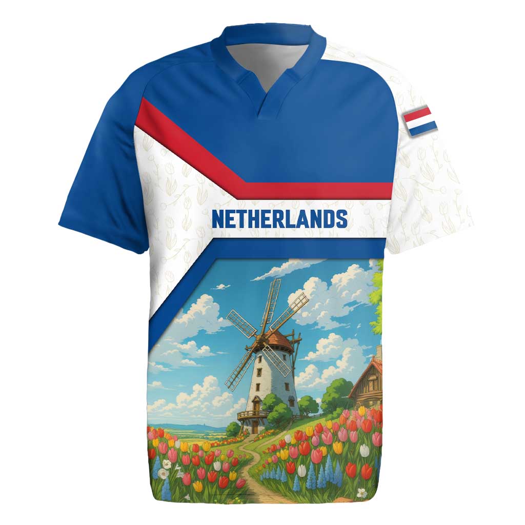 Netherlands Rugby Jersey Dutch Windmill and Tulip Field Landscape in National Flag Colors - Wonder Print Shop