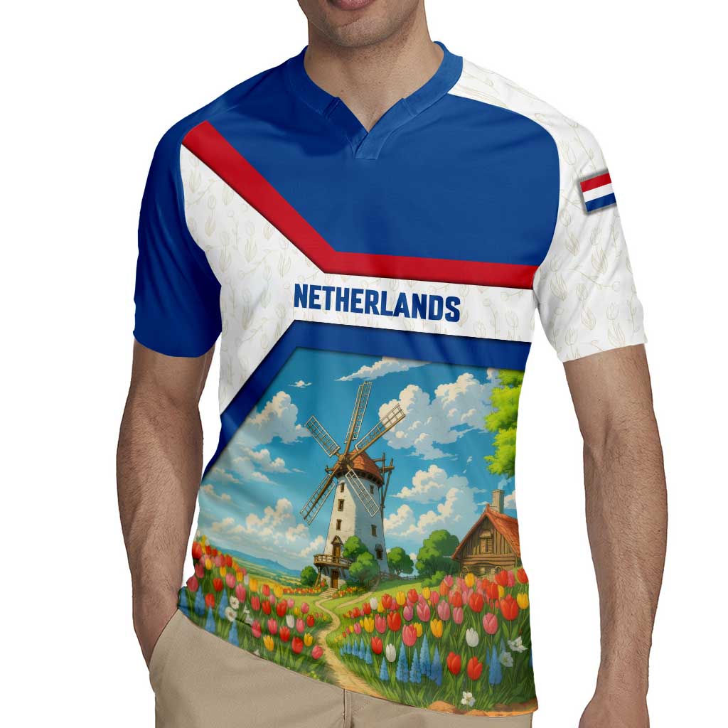 Netherlands Rugby Jersey Dutch Windmill and Tulip Field Landscape in National Flag Colors - Wonder Print Shop
