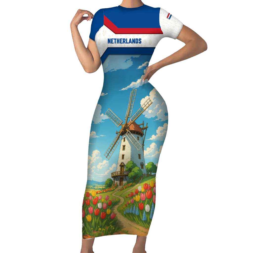Netherlands Short Sleeve Bodycon Dress Dutch Windmill and Tulip Field Landscape in National Flag Colors - Wonder Print Shop