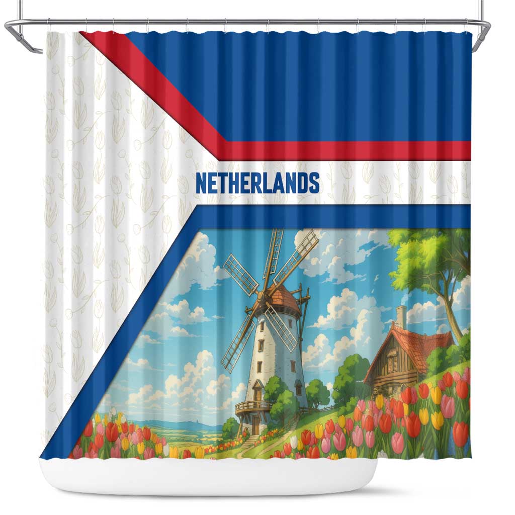 Netherlands Shower Curtain Dutch Windmill and Tulip Field Landscape in National Flag Colors - Wonder Print Shop