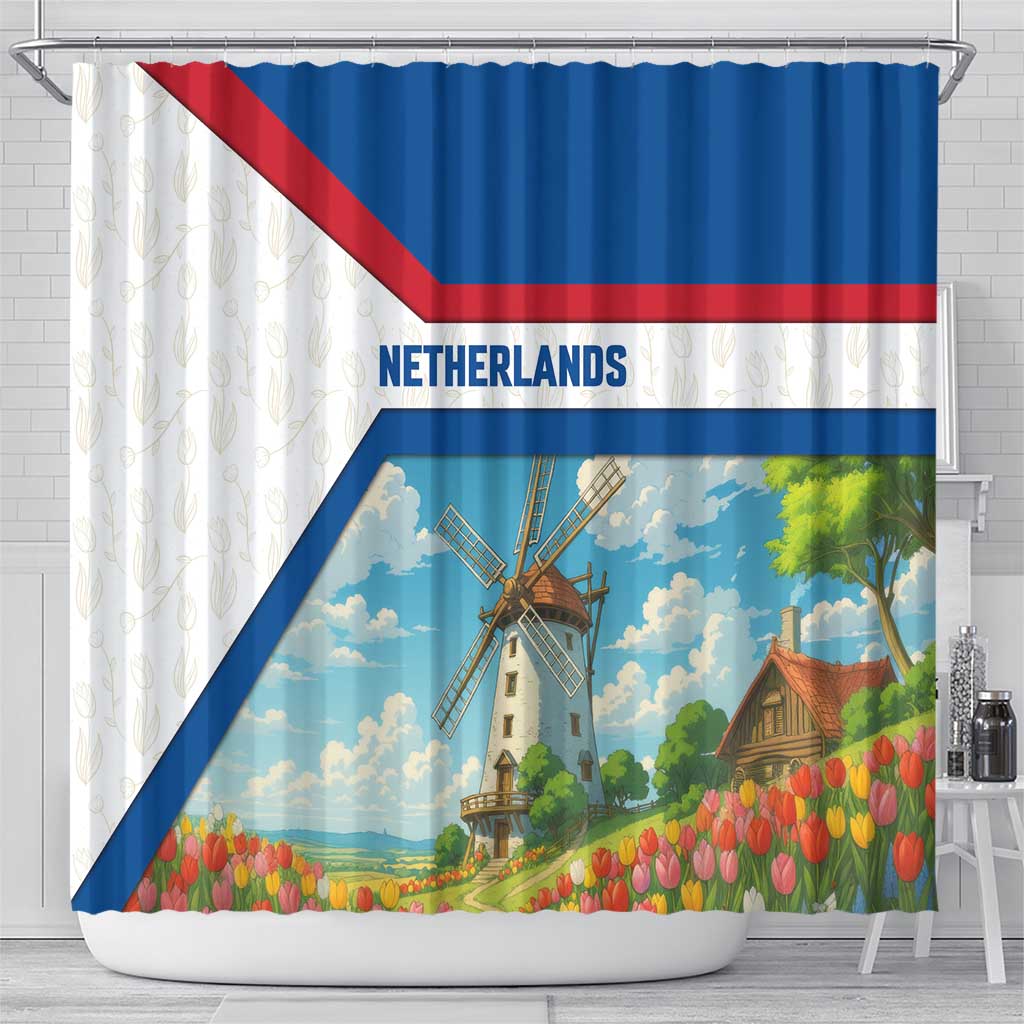 Netherlands Shower Curtain Dutch Windmill and Tulip Field Landscape in National Flag Colors - Wonder Print Shop