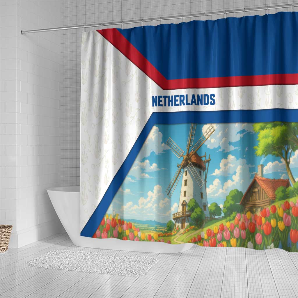 Netherlands Shower Curtain Dutch Windmill and Tulip Field Landscape in National Flag Colors - Wonder Print Shop