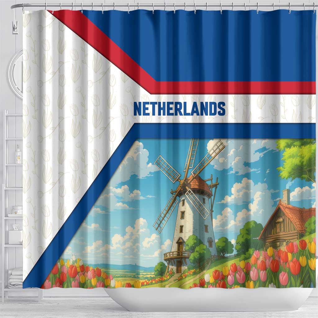 Netherlands Shower Curtain Dutch Windmill and Tulip Field Landscape in National Flag Colors - Wonder Print Shop