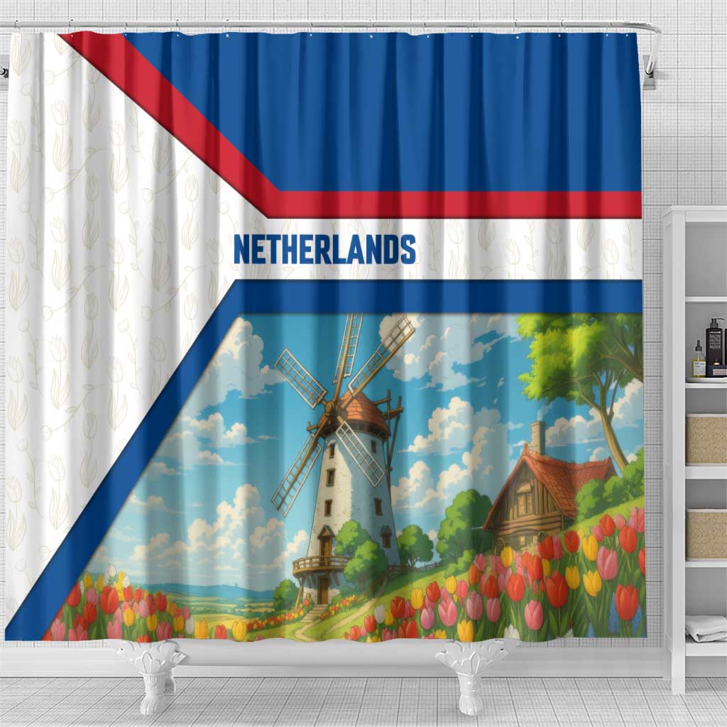 Netherlands Shower Curtain Dutch Windmill and Tulip Field Landscape in National Flag Colors - Wonder Print Shop