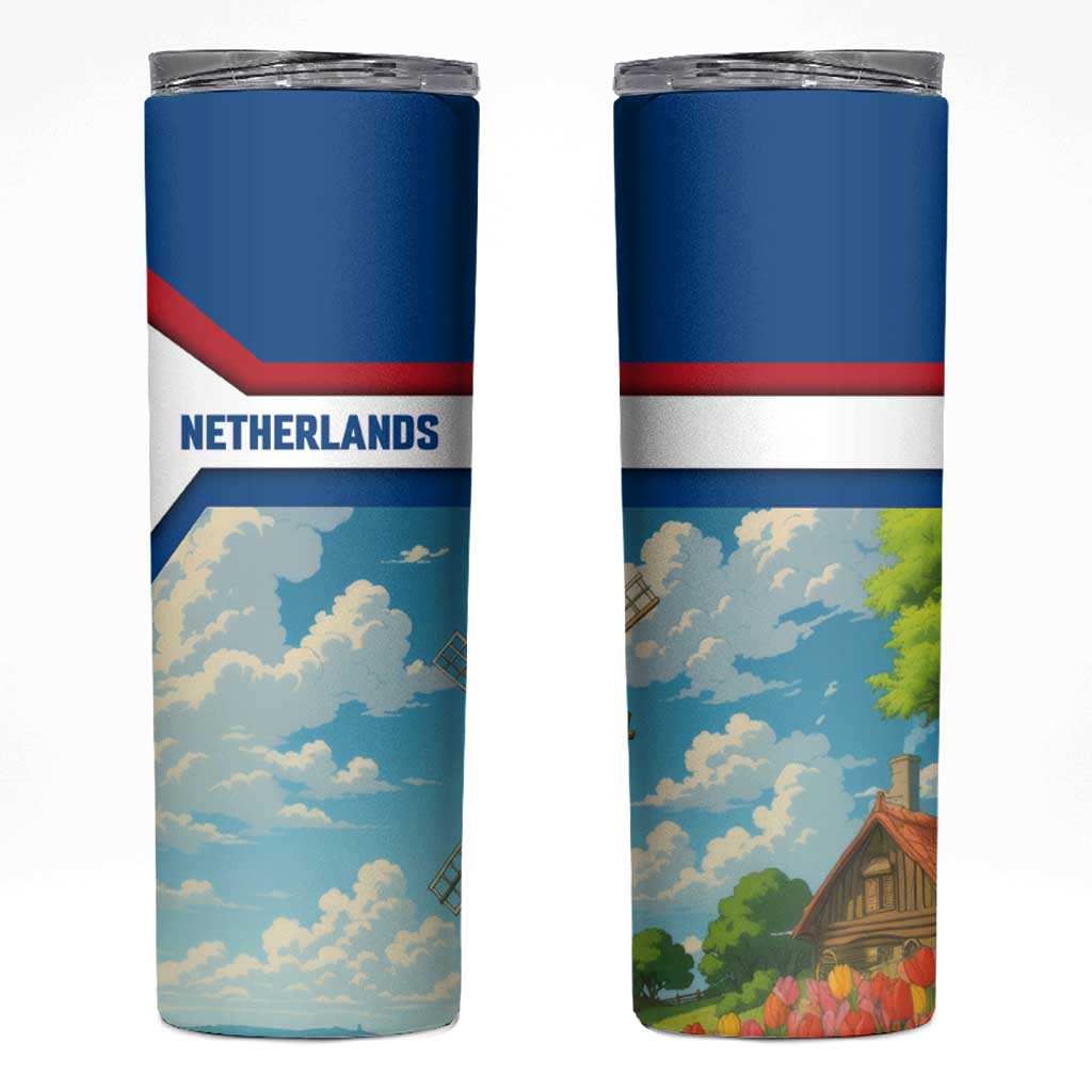 Netherlands Skinny Tumbler Dutch Windmill and Tulip Field Landscape in National Flag Colors - Wonder Print Shop
