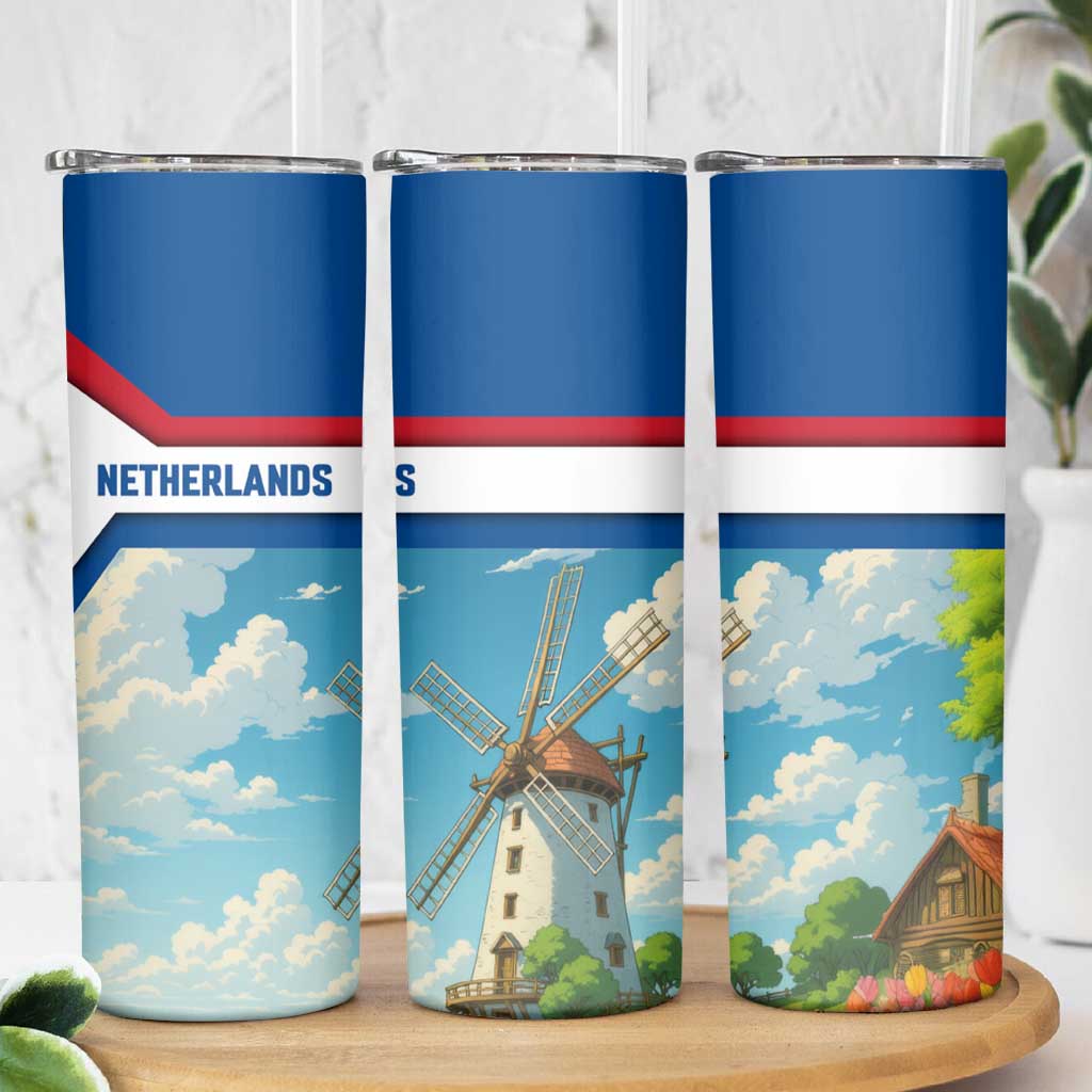 Netherlands Skinny Tumbler Dutch Windmill and Tulip Field Landscape in National Flag Colors - Wonder Print Shop