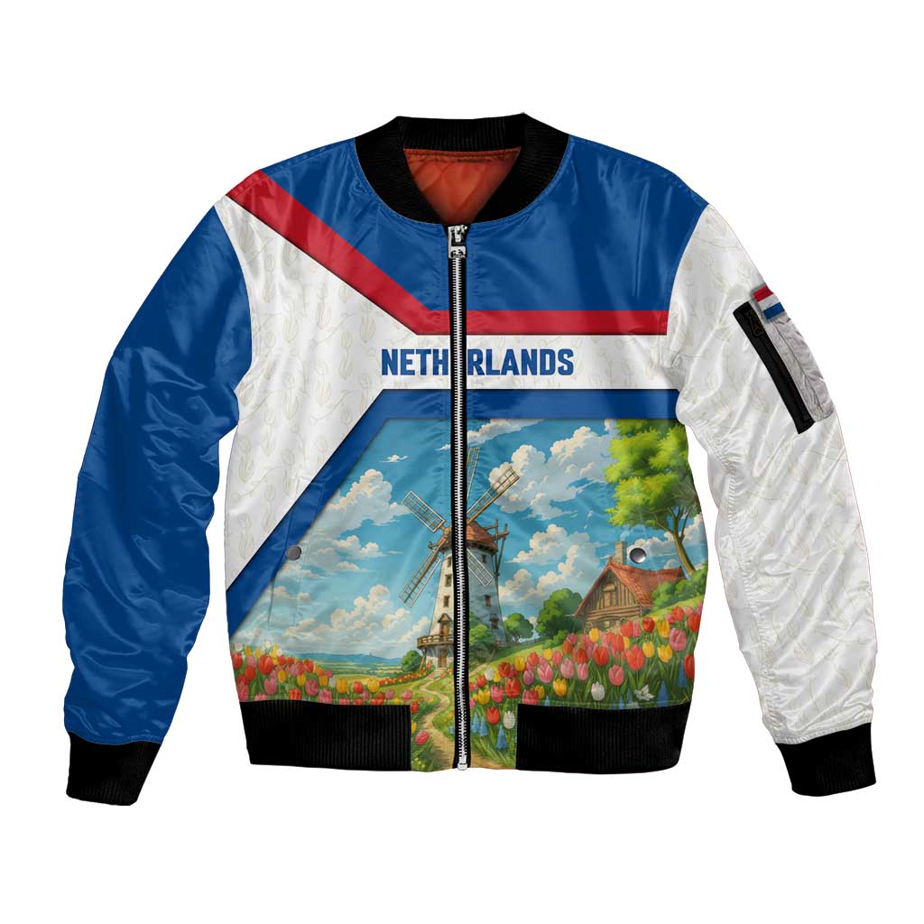 Netherlands Sleeve Zip Bomber Jacket Dutch Windmill and Tulip Field Landscape in National Flag Colors - Wonder Print Shop
