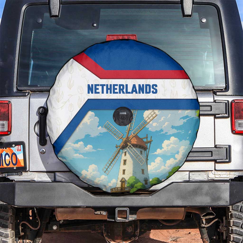 Netherlands Spare Tire Cover Dutch Windmill and Tulip Field Landscape in National Flag Colors - Wonder Print Shop