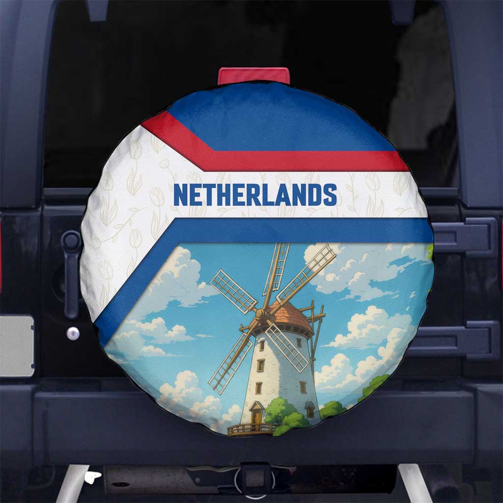 Netherlands Spare Tire Cover Dutch Windmill and Tulip Field Landscape in National Flag Colors - Wonder Print Shop