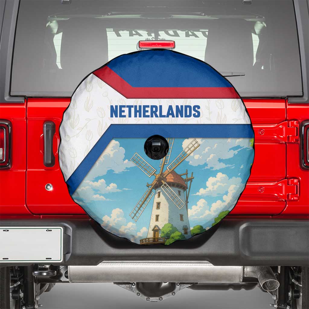 Netherlands Spare Tire Cover Dutch Windmill and Tulip Field Landscape in National Flag Colors - Wonder Print Shop