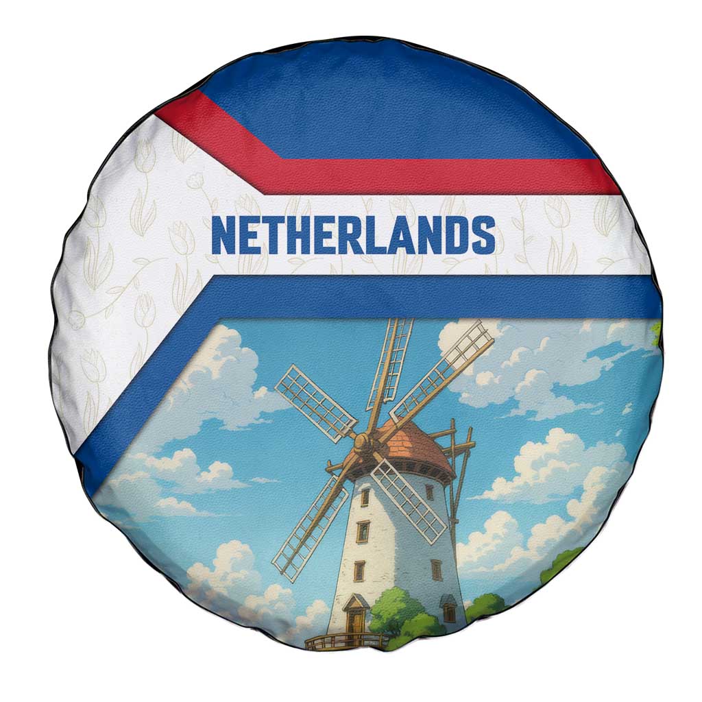 Netherlands Spare Tire Cover Dutch Windmill and Tulip Field Landscape in National Flag Colors - Wonder Print Shop