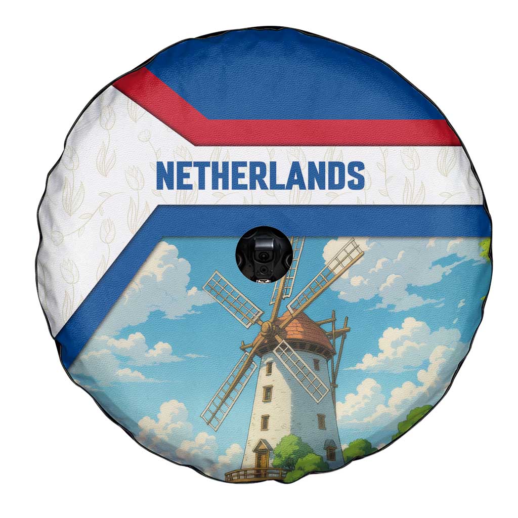 Netherlands Spare Tire Cover Dutch Windmill and Tulip Field Landscape in National Flag Colors - Wonder Print Shop