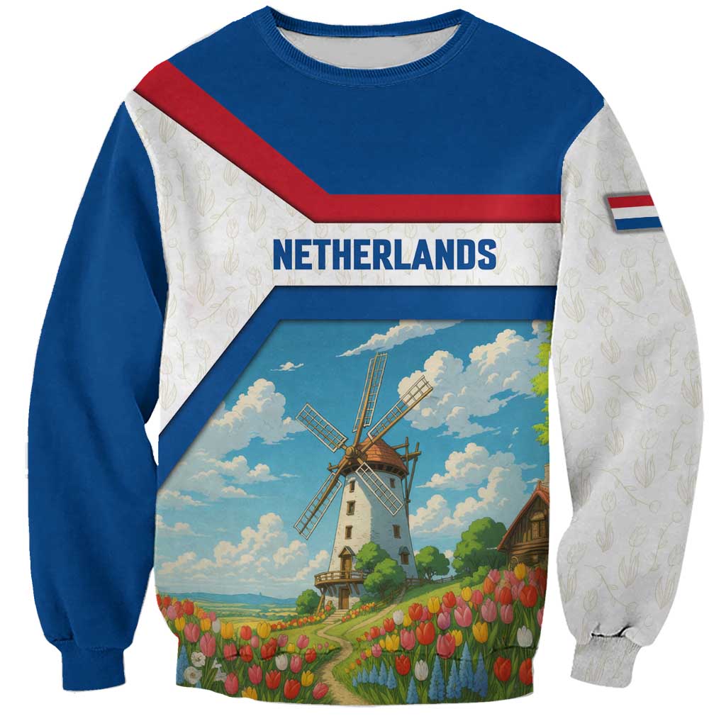 Netherlands Sweatshirt Dutch Windmill and Tulip Field Landscape in National Flag Colors - Wonder Print Shop