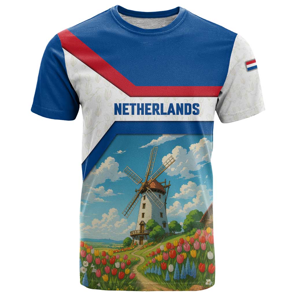 Netherlands T Shirt Dutch Windmill and Tulip Field Landscape in National Flag Colors - Wonder Print Shop