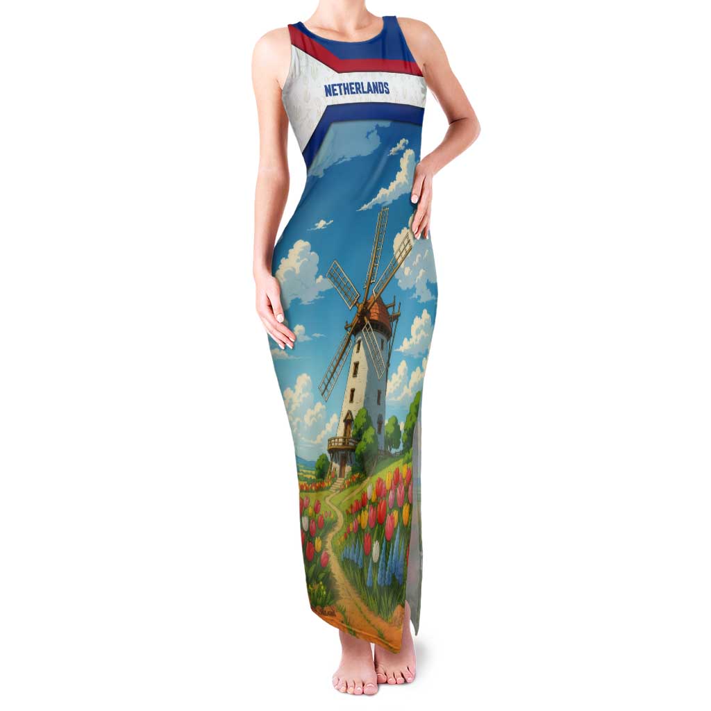 Netherlands Tank Maxi Dress Dutch Windmill and Tulip Field Landscape in National Flag Colors - Wonder Print Shop