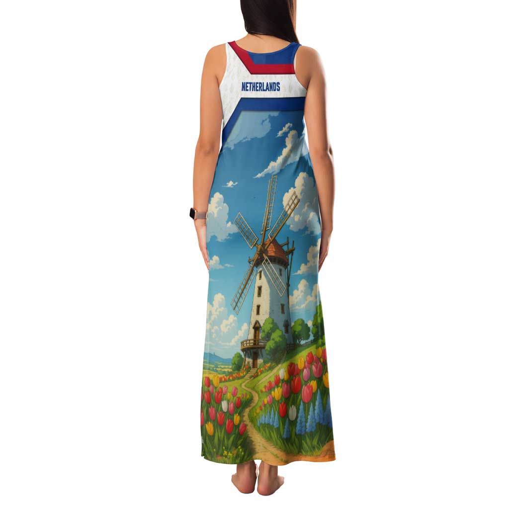 Netherlands Tank Maxi Dress Dutch Windmill and Tulip Field Landscape in National Flag Colors - Wonder Print Shop