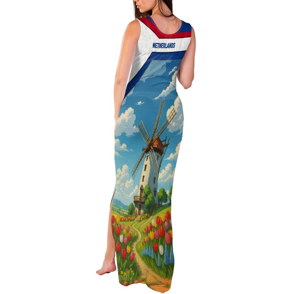 Netherlands Tank Maxi Dress Dutch Windmill and Tulip Field Landscape in National Flag Colors - Wonder Print Shop