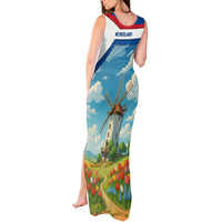 Netherlands Tank Maxi Dress Dutch Windmill and Tulip Field Landscape in National Flag Colors - Wonder Print Shop