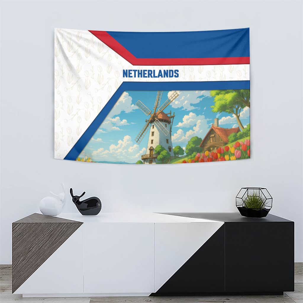 Netherlands Tapestry Dutch Windmill and Tulip Field Landscape in National Flag Colors - Wonder Print Shop