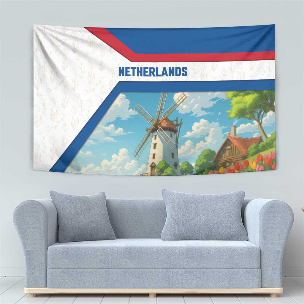 Netherlands Tapestry Dutch Windmill and Tulip Field Landscape in National Flag Colors - Wonder Print Shop