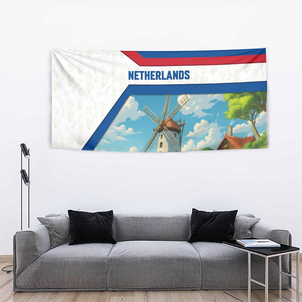 Netherlands Tapestry Dutch Windmill and Tulip Field Landscape in National Flag Colors - Wonder Print Shop