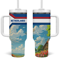 Netherlands Tumbler With Handle Dutch Windmill and Tulip Field Landscape in National Flag Colors - Wonder Print Shop