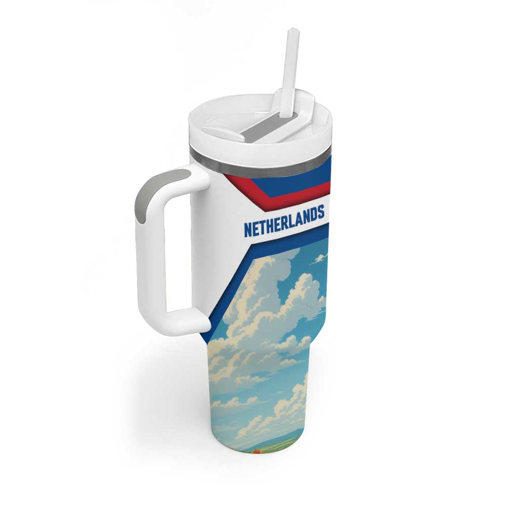 Netherlands Tumbler With Handle Dutch Windmill and Tulip Field Landscape in National Flag Colors - Wonder Print Shop
