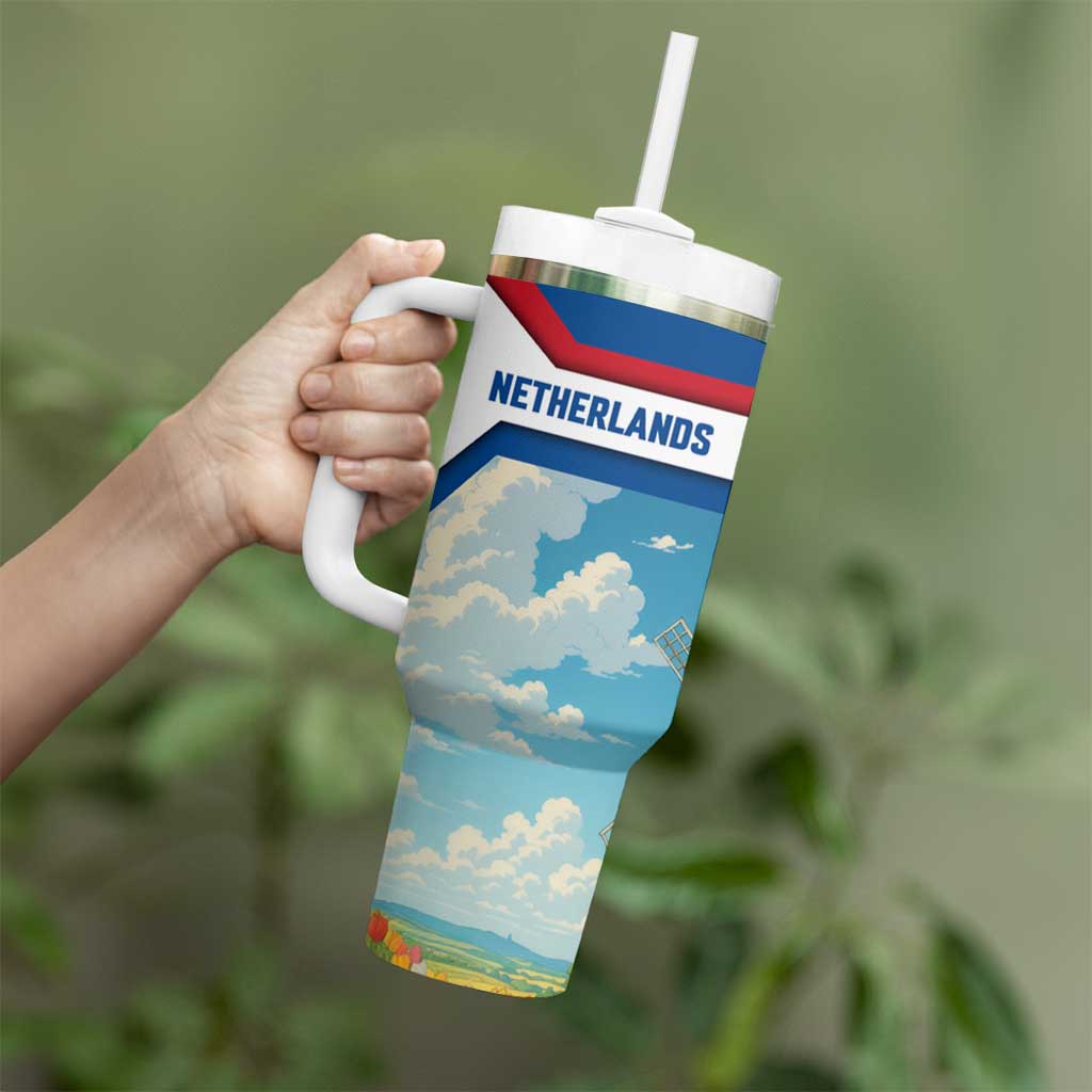 Netherlands Tumbler With Handle Dutch Windmill and Tulip Field Landscape in National Flag Colors - Wonder Print Shop