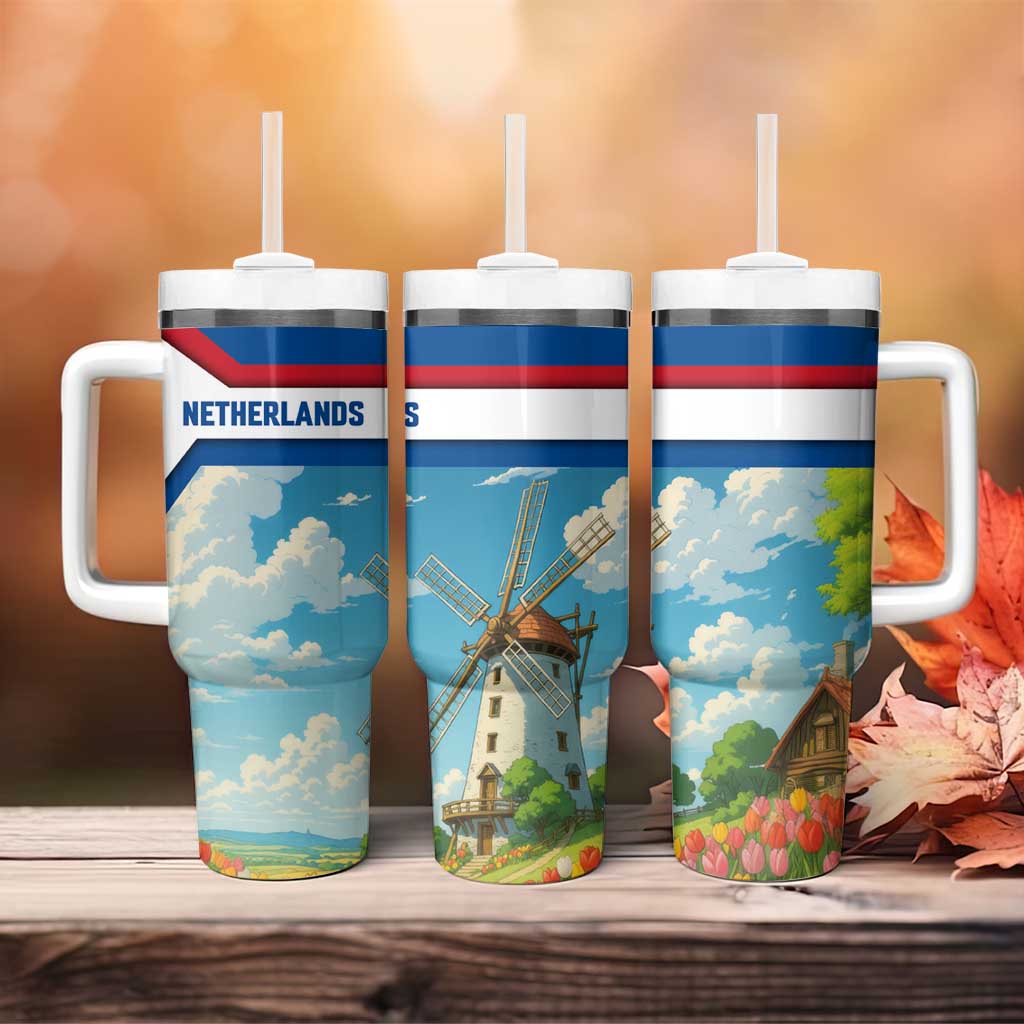 Netherlands Tumbler With Handle Dutch Windmill and Tulip Field Landscape in National Flag Colors - Wonder Print Shop