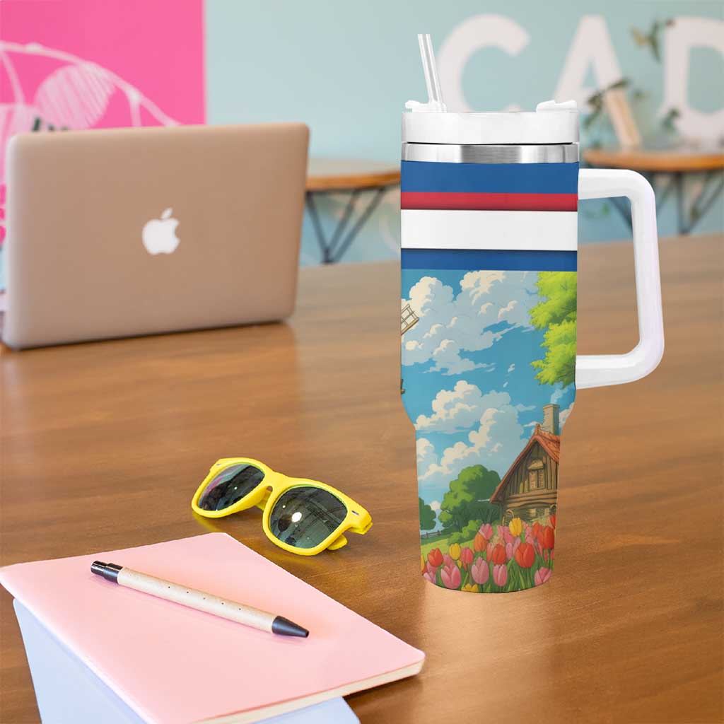 Netherlands Tumbler With Handle Dutch Windmill and Tulip Field Landscape in National Flag Colors - Wonder Print Shop